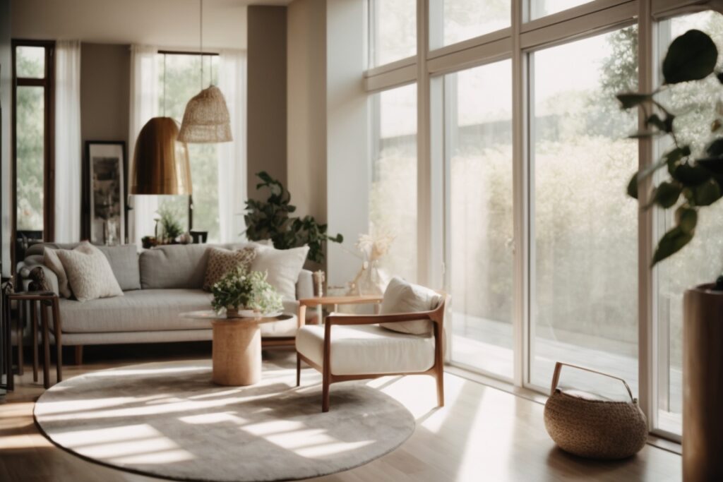 Modern home interior with window tinting blocking sunlight