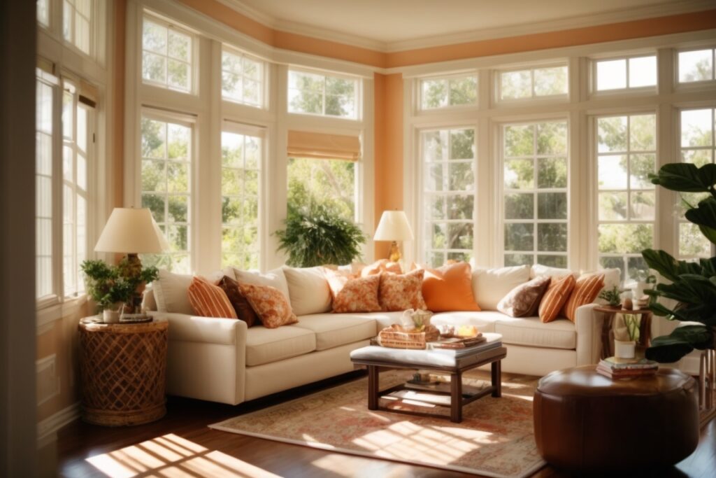 Orange County home interior with glare reduction film on windows, showing a comfortable, sunlit room