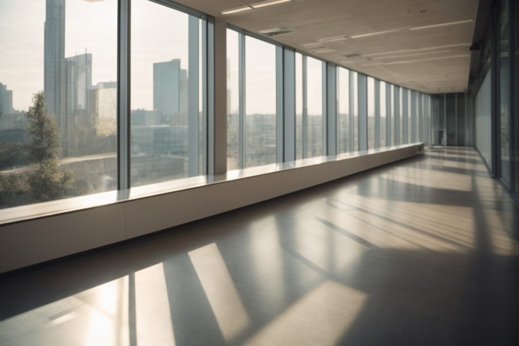 Modern office interior with commercial window film blocking sunlight