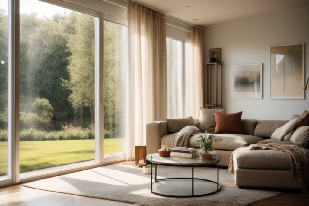 comfortable living room with sunlight filtering through insulating window film