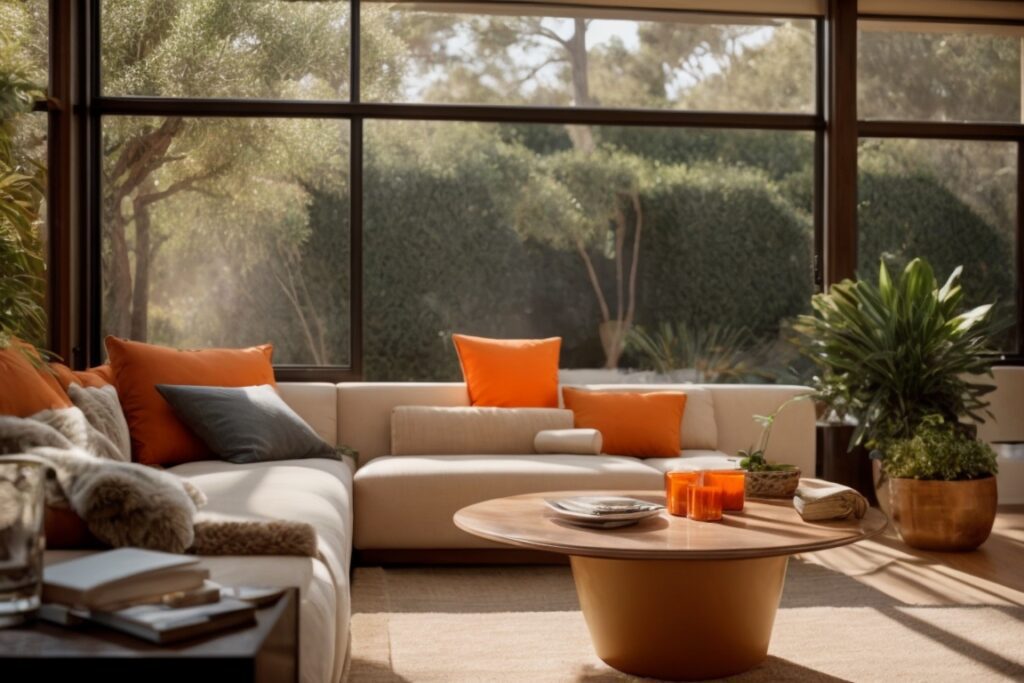 Sun control window film in a cozy Orange County home interior, protecting furnishings from sunlight