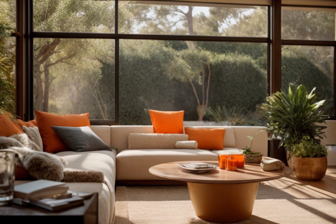 Sun control window film in a cozy Orange County home interior, protecting furnishings from sunlight