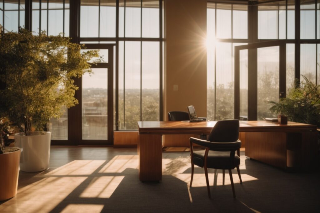 interior office space with glaring sunlight and fading furniture