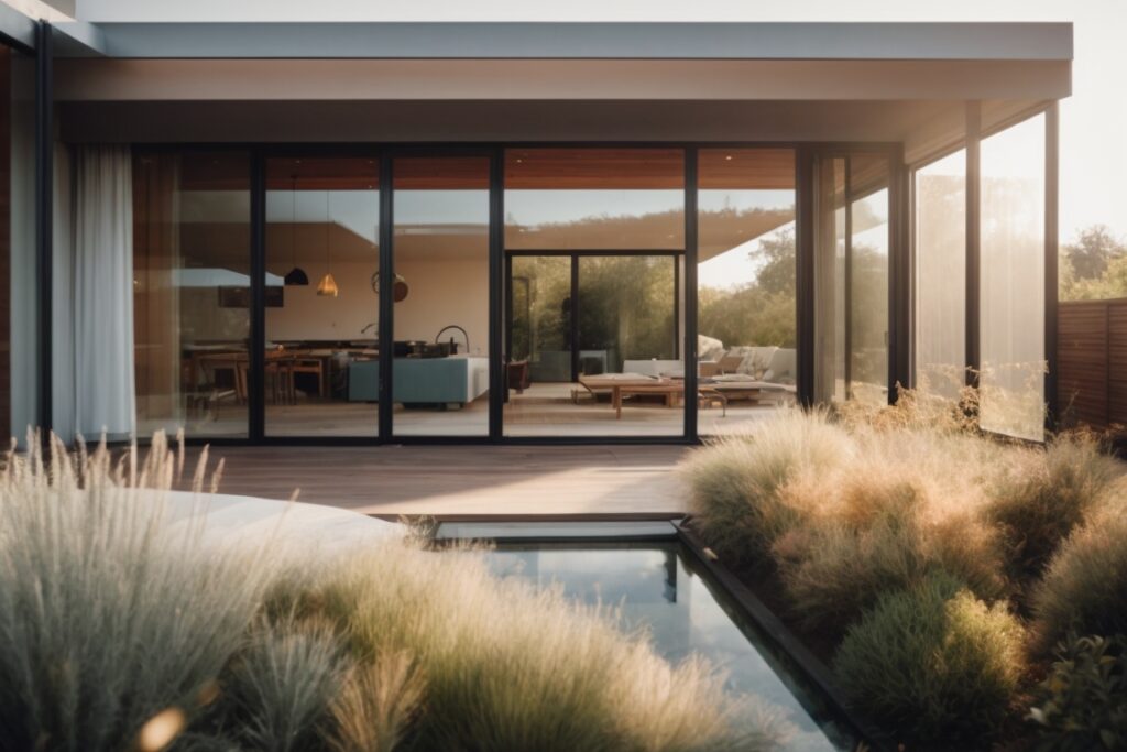 modern home with frosted window film, natural light filtering through, private interior scene