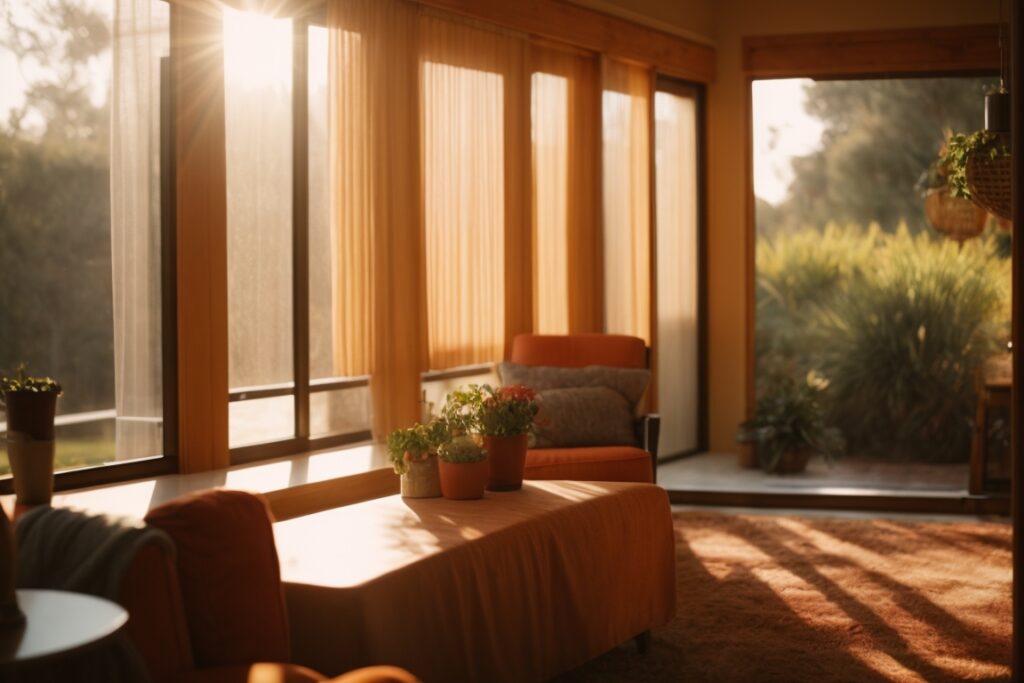 Sun shining through window films in a cozy Orange County home interior
