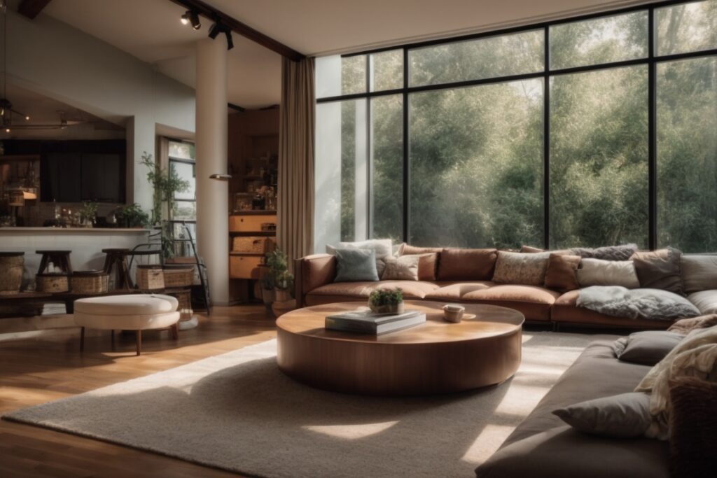 Cozy living room with visible window tint reducing glare and sunlight