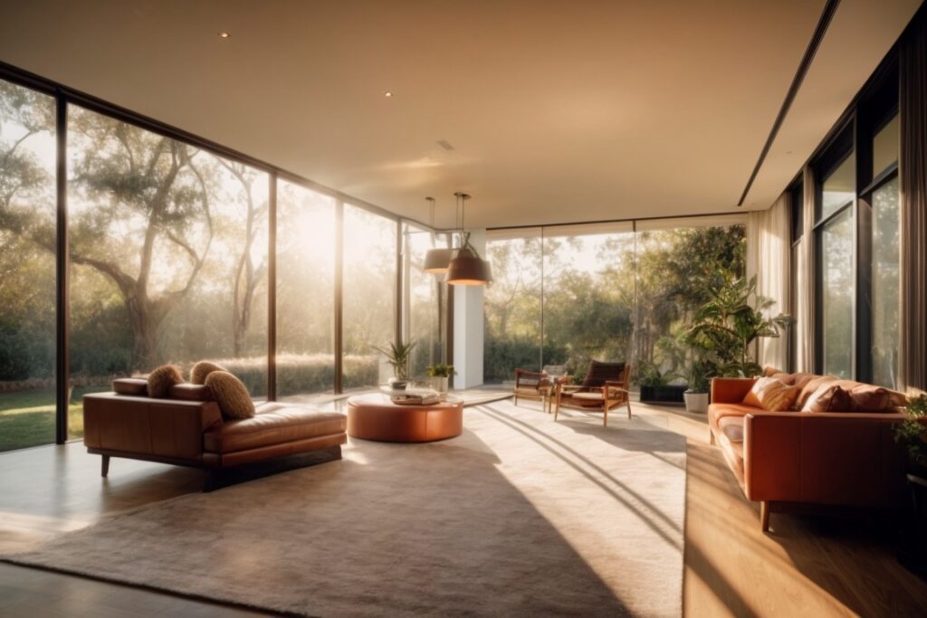 Modern home interior with sunlight filtering through window film in Orange County