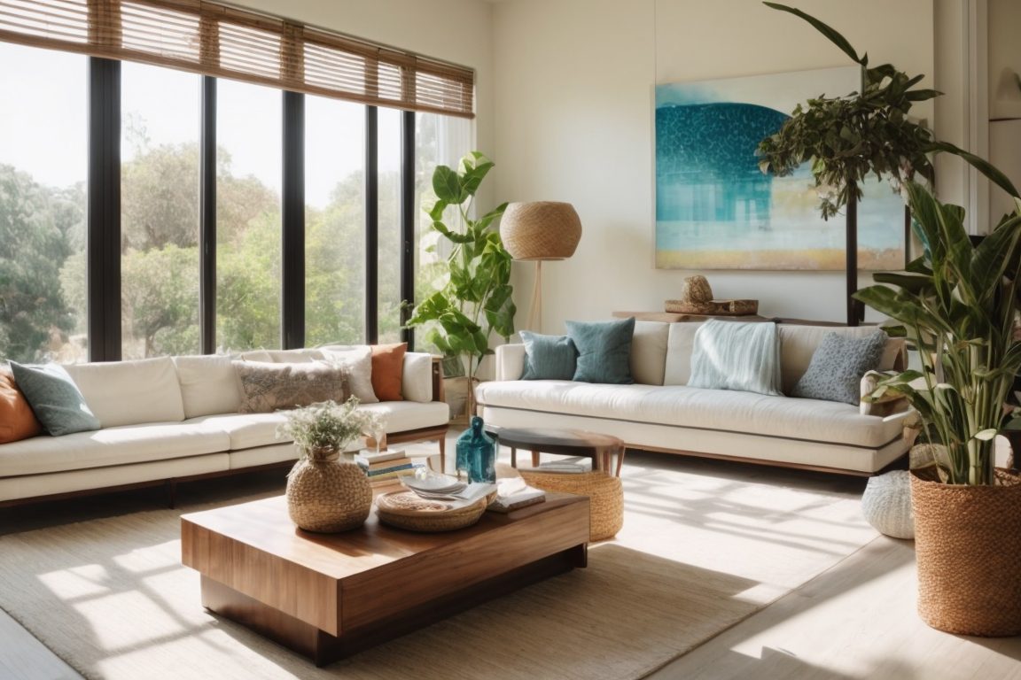 Bright and sunny living room with UV blocking window film, faded furniture and artwork