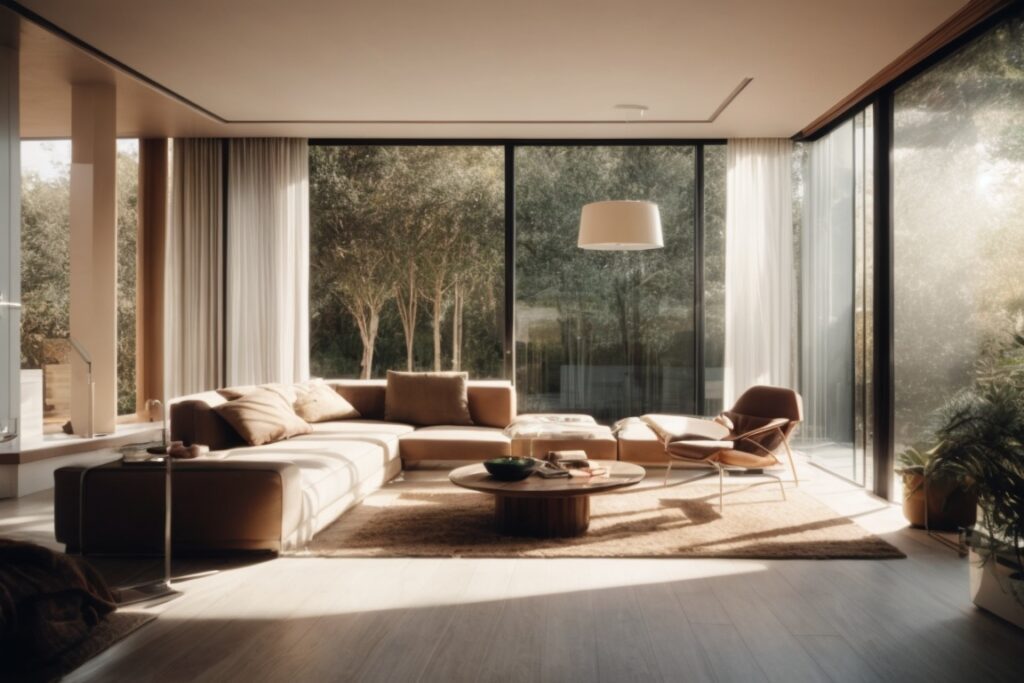 modern home with opaque window tinting and visible interior sunlight effects