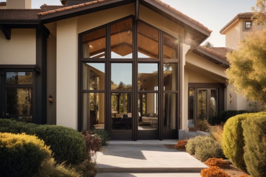 Orange County home with decorative window tints, sunlit exterior