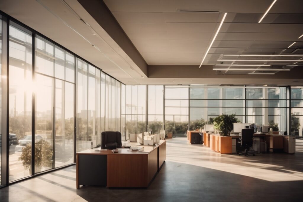 Modern office in Orange County with decorative window films and sunlight filtering through