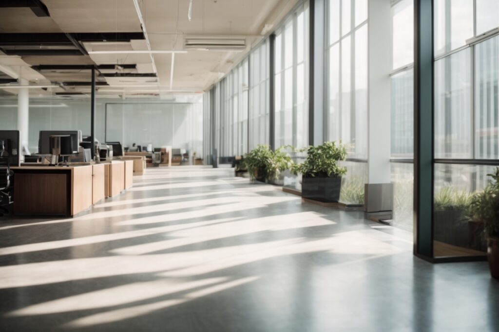 modern office with frosted window films and natural light streaming in