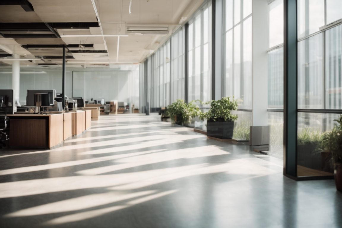 modern office with frosted window films and natural light streaming in