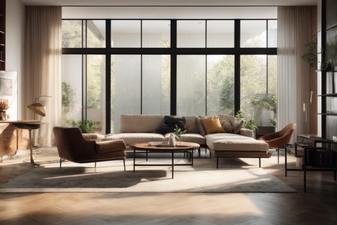modern living room with opaque window films, sunlit with faded furniture
