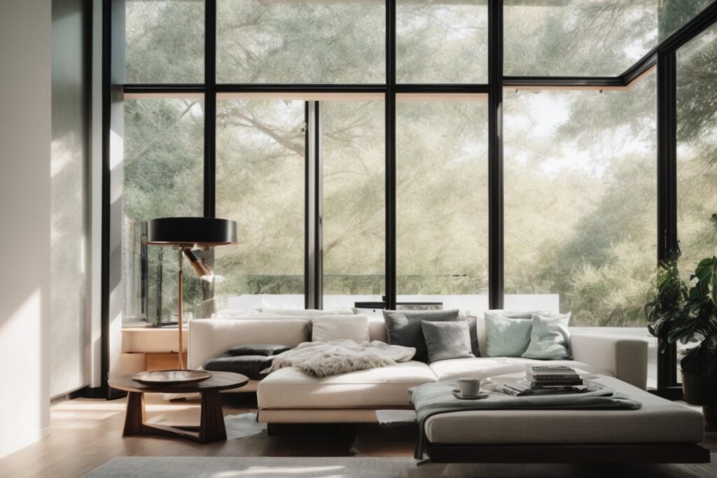 Modern home interior with faded furniture and UV protection window film
