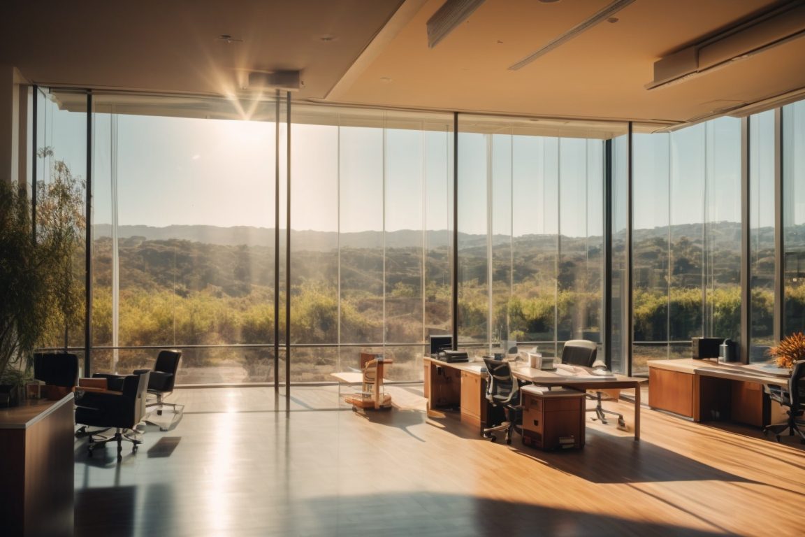 Modern office interior with glare reduction window film applied, sunny Orange County landscape visible through the windows